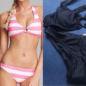 NWT Juicy Couture Swimwear Ring Halter Bikini Set Small Solid Black
